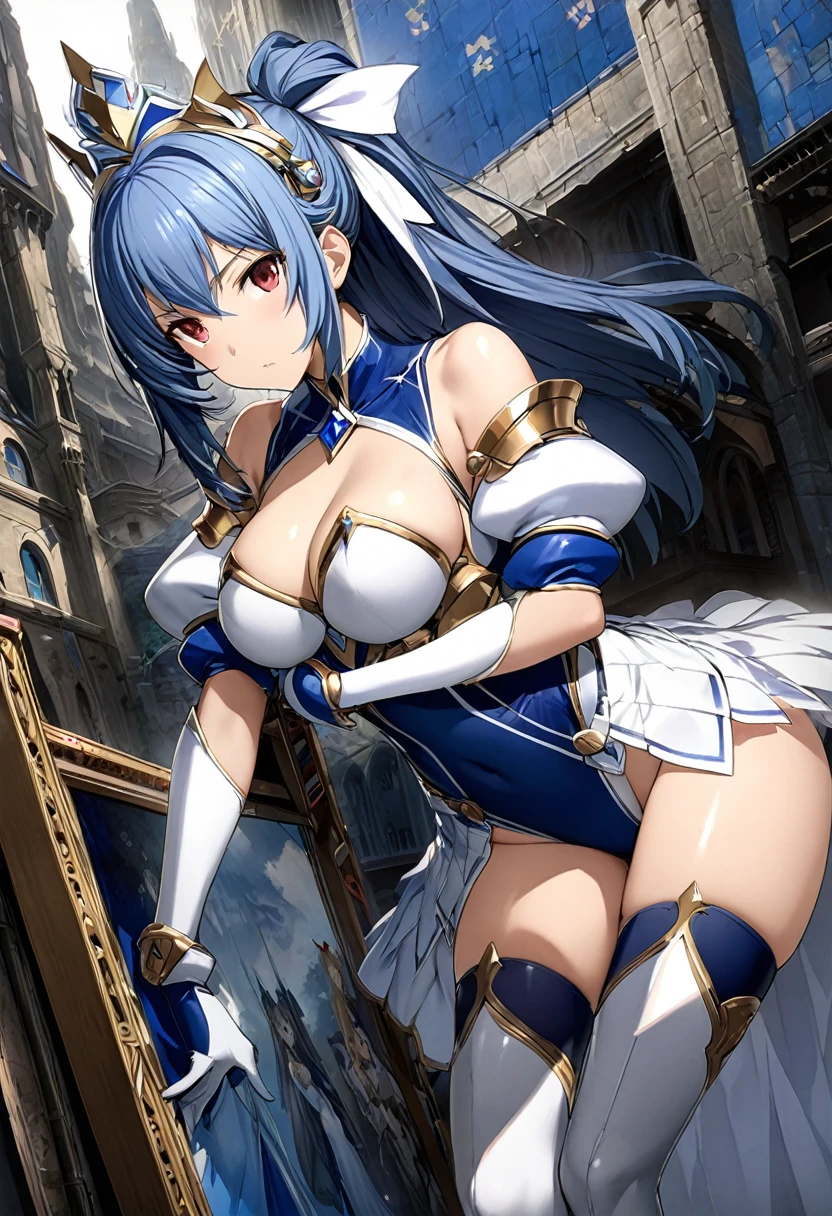 Highest quality、unity 8k wallpaper、32k、masterpiece、Very detailed、Ultra-high resolution、Very detailedな顔, RAW Photos, Professional, Ultra-fine painting, Blue Hair、Princess Half Up、Red Eyes、20Women in their early agic Warrior、Blue and white leotard、White pleated skirt with blue lines、Half puff sleeves with shoulder pads、A large white ribbon with a large sapphire on the chest、White and blue long gloves、White and blue thigh-high stiletto boots、Full Body
