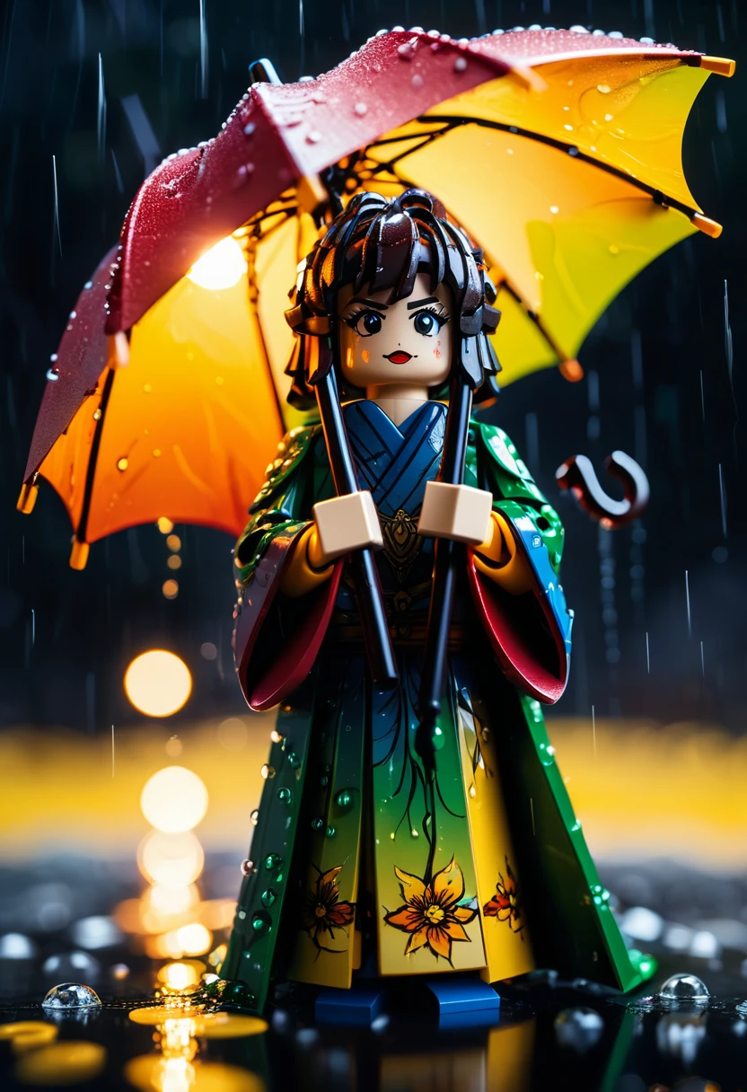 (Umbrella, rain), lego art, cute Mechanical Puppet, lightning robe, magic, translucent, light particles, bloom effect, (Photography), award-winning, cinematic still, emotional, vignette, dynamic, vivid, (masterpiece, best quality, Professional, perfect composition, very aesthetic, absurdres, ultra-detailed, intricate details:1.3)