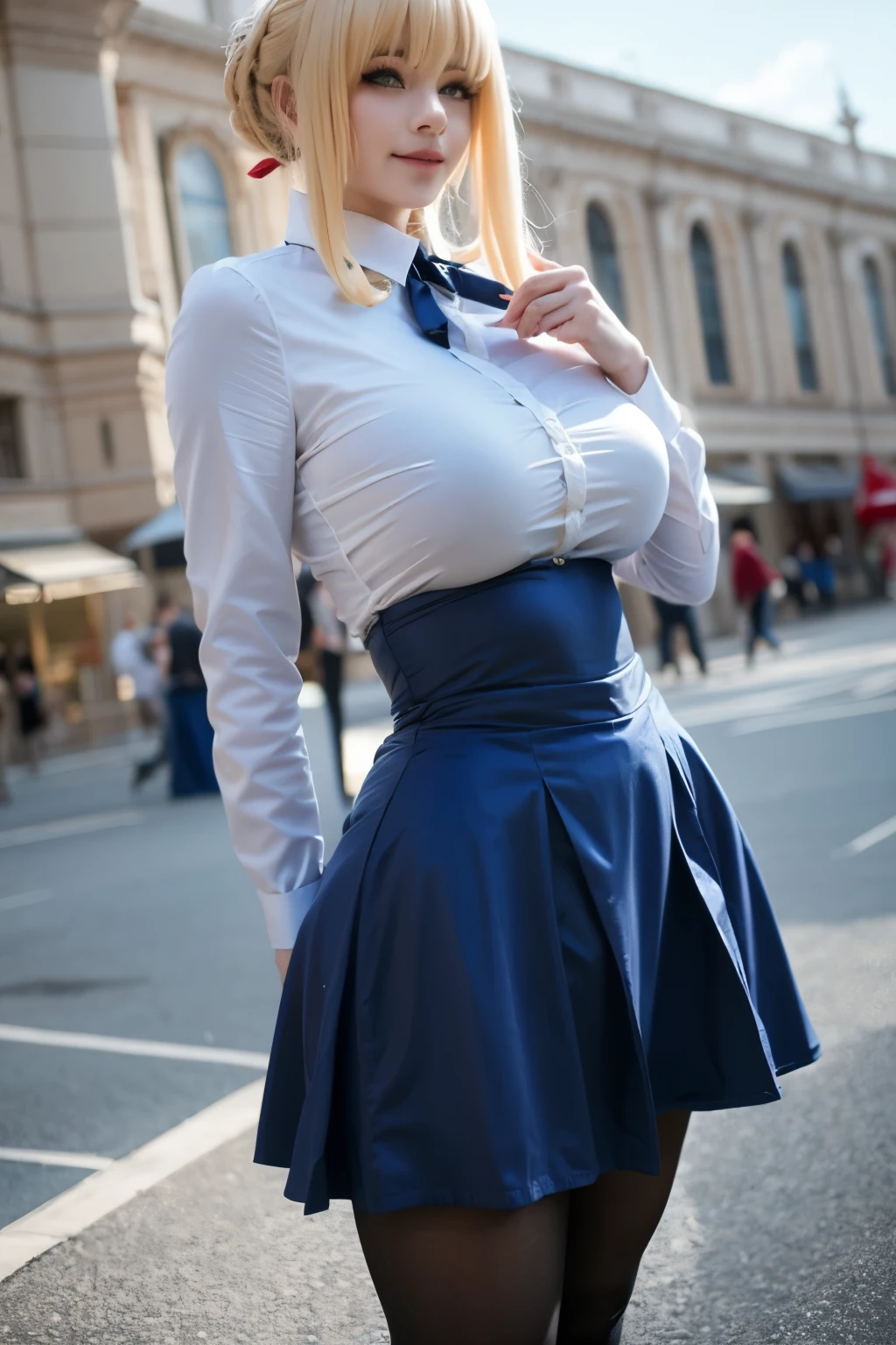 Photorealistic,masterpiece, (masterpiece: 1.4),detailed, absurd, high art, ridiculous resolution, high resolution, super detailed, ,1girl,Artoria Pendragon \(destiny\), Alone, cosplay, blonde hair, ahoge, headband hair, short hair, braided bun, side locks, bangs, pantyhose, shirt, skirt, neck ribbon, long sleeves, casual, blouse, high waist skirt, mature woman, big breasts, muscular woman, (huge breasts, huge ass,Colossal breasts, Big ass, venus body, thick juicy thighs, clavicle, cleavage,) looking at the viewer, outdoors, grass, dynamic pose, photo background, absurdly long hair, messy long hair, beautiful detailed cold face, seductive smile, nasty, beautiful detailed eyes, shiny skin, white skin, high leg, biewer look, smooth skin, shiny milky skin, - v6