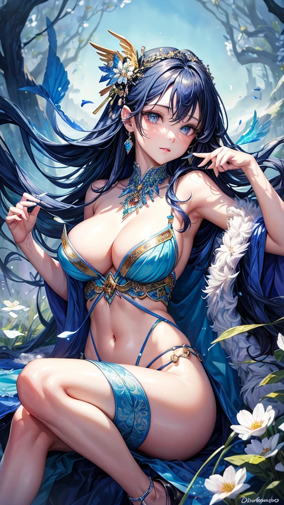 (Best Quality),(Masterpiece:1.2), (striking:0.9), (ink splash),(color splash),((watercolor)), Clear and sharp focus, Model photo,, (portrait goddess of spring:1.5), cute expression,elegant blue fur, beautiful face and detailed eyes., elegant goddess clothing, spring forest background,, colorwater old descubiertos, Big , cute and Big nipples, old, old bonitos, legs open, beautiful and shaved vagina