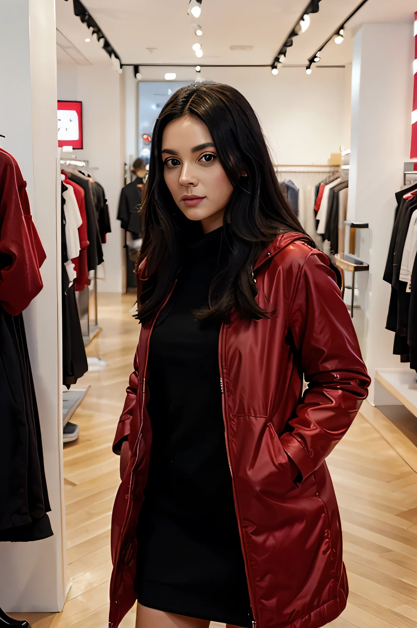 woman, black hair, red dress, with long stuffed jacket, in a fashion store, looking at the camera