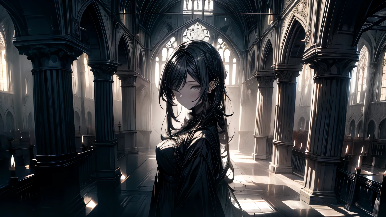 1 girl, mysterious expression, piercing eyes, long loose black hair, gothic costume, enigmatic smile, pale complexion, stylish features BREAK dramatic high angle shot, (panoramic view:1.2), Symmetrical composition, Highly monochrome, deep shadows, Subtle highlights, Disturbing mood, artistic details BREAK ancient cathedral, stained glass windows, Ornate pillars, flickering candles, ethereal atmosphere, secret whispers, eternal beauty, absurdities, High resolution, Single, Masterpiece