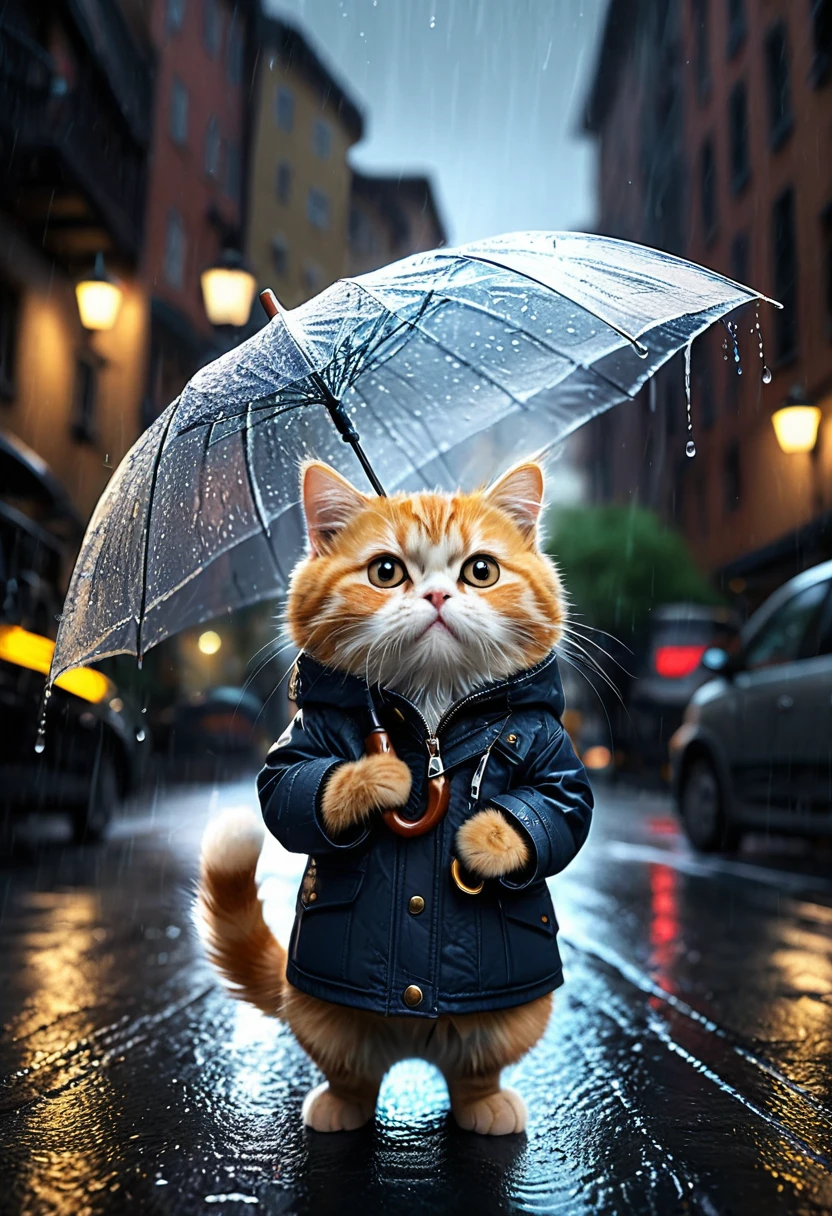 (Umbrella, rain), Pixar, cat, hood, whiskers, zipper, animal, solo, tail, animal focus, cat hood, jacket, (Photography), award-winning, cinematic still, emotional, vignette, dynamic, vivid, (masterpiece, best quality, Professional, perfect composition, very aesthetic, absurdres, ultra-detailed, intricate details:1.3)