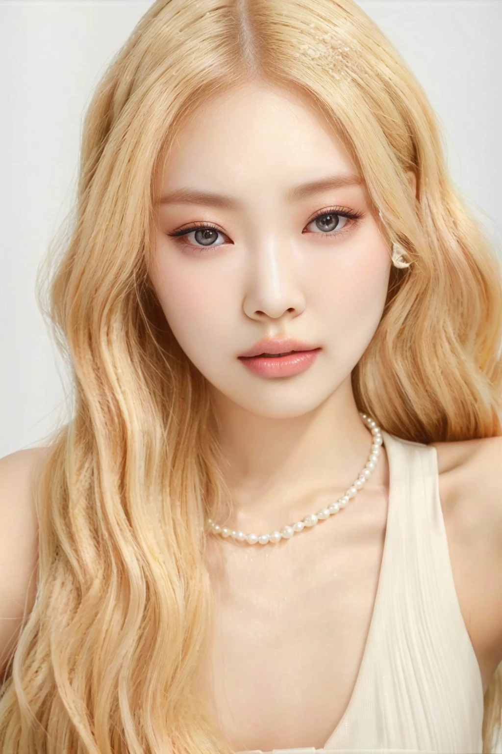 a close up of a woman with long blonde hair and a pearl necklace, popular korean makeup, popular south korean makeup, roseanne park of blackpink, ulzzang, lalisa manobal, beautiful pale makeup, portrait of jossi of blackpink, kim doyoung, pale porcelain white skin, jinyoung shin, jossi of blackpink, pastel pink skin tone, belle delphine