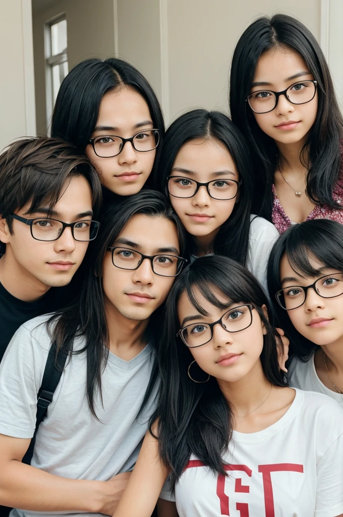 1 girl with glasses and 2 boy without glasses and 3 girls without glasses