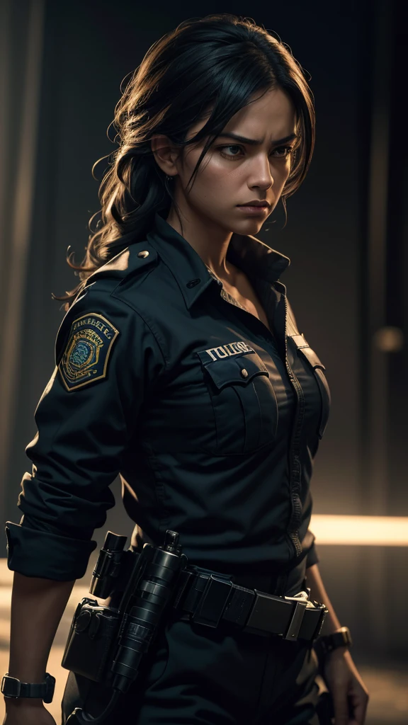 a female police officer with tied hair, armed with a stern expression facing down a thief, hyperrealistic, detailed face, cinematic lighting, dramatic atmosphere, realistic textures, intricate details, dramatic pose, (best quality,4k,8k,highres,masterpiece:1.2),ultra-detailed,(realistic,photorealistic,photo-realistic:1.37),digital art,concept art,dramatic lighting,chiaroscuro,intense colors,cinematic framing