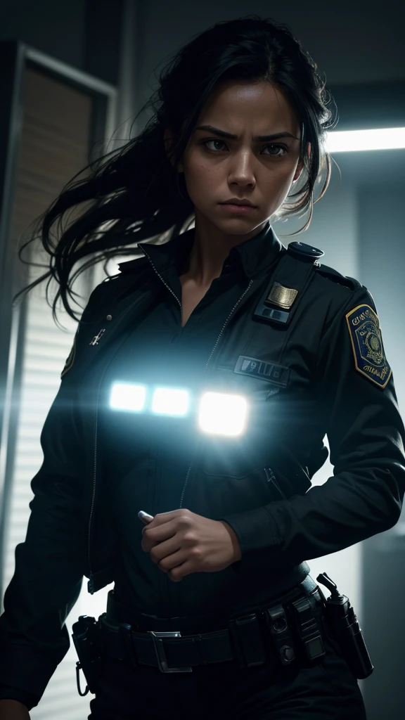 a female police officer with tied hair, armed with a stern expression facing down a thief, hyperrealistic, detailed face, cinematic lighting, dramatic atmosphere, realistic textures, intricate details, dramatic pose, (best quality,4k,8k,highres,masterpiece:1.2),ultra-detailed,(realistic,photorealistic,photo-realistic:1.37),digital art,concept art,dramatic lighting,chiaroscuro,intense colors,cinematic framing