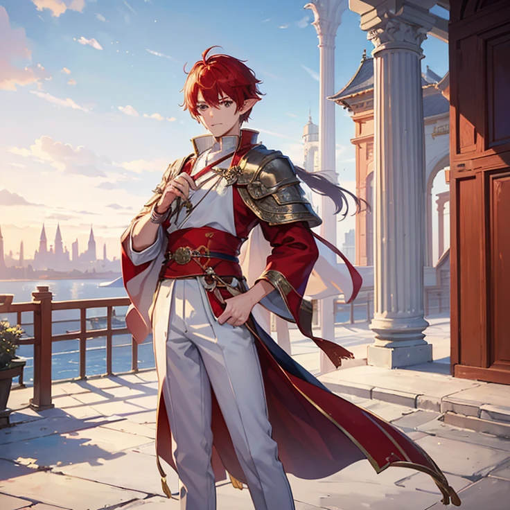 (masterpiece, best quality, detailed, Very detailed best high quality image, very detailed background, very detailed full body solo character)
1ElfBoy, cute male, scarlet-red short hair, short elf ears purple eyes, slender male body, handsome naive appearance, beautiful male naive face, pacifist demeanor, peaceful smile
Clothing: (blue danish styled noble prince uniform with rich silver details, white noble pants, red leather shoes), (holding a book with his right hand on his right hip)
Moment: He is walking around
Scenery: viking moder street and city, with modern buildings styled of viking features