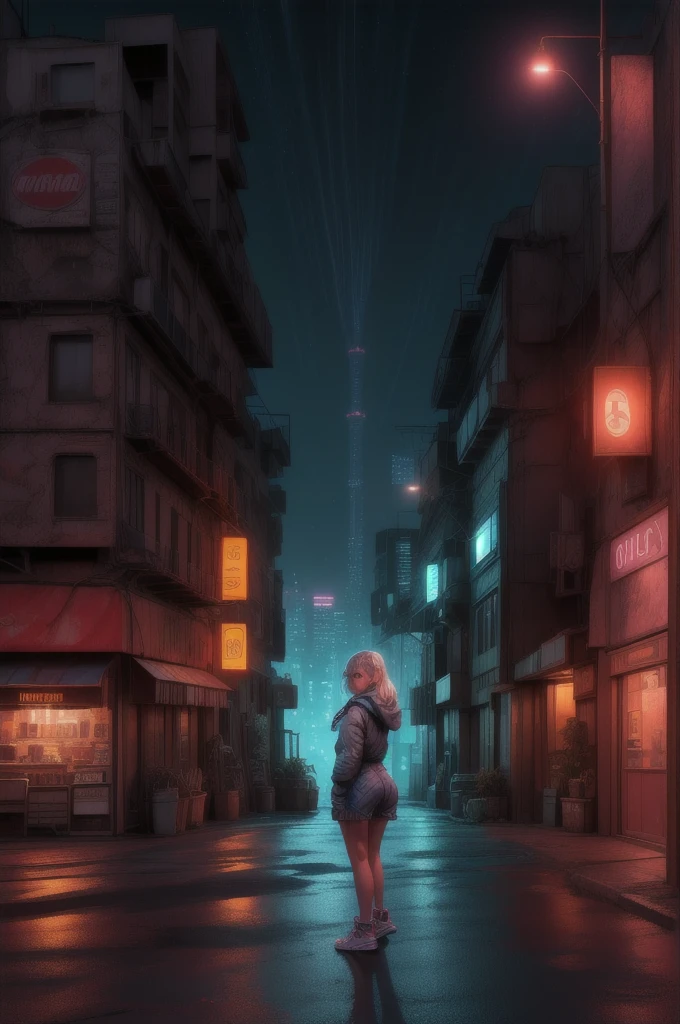 a girl looking through his window to a neon city at night,  8k, hdr, (masterpiece, best quality)
