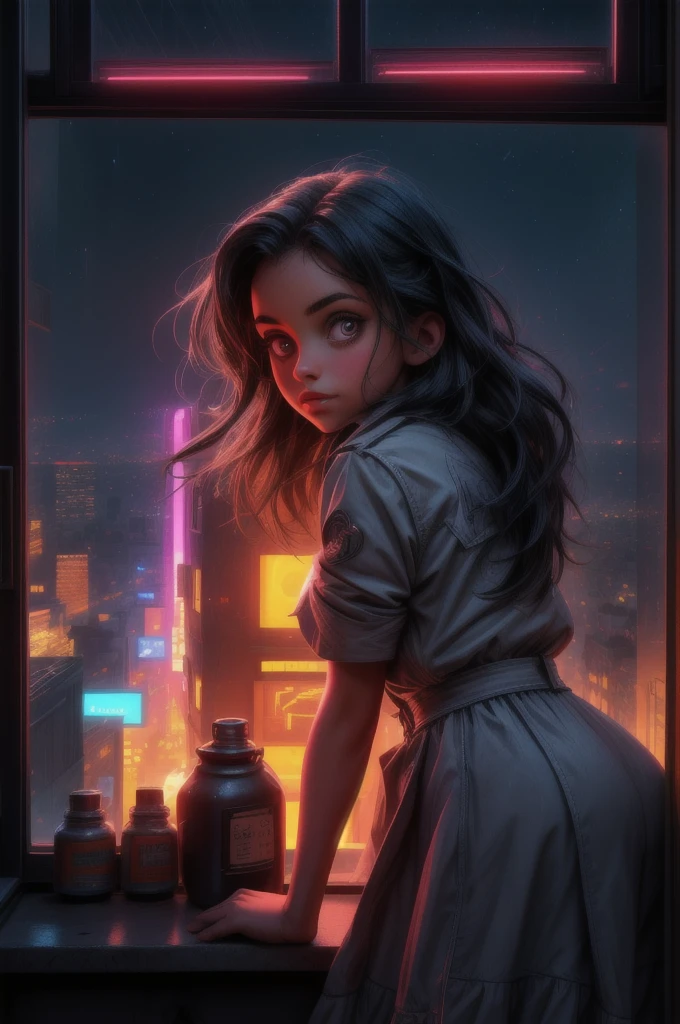 a girl looking through his window to a neon city at night,  8k, hdr, (masterpiece, best quality)
