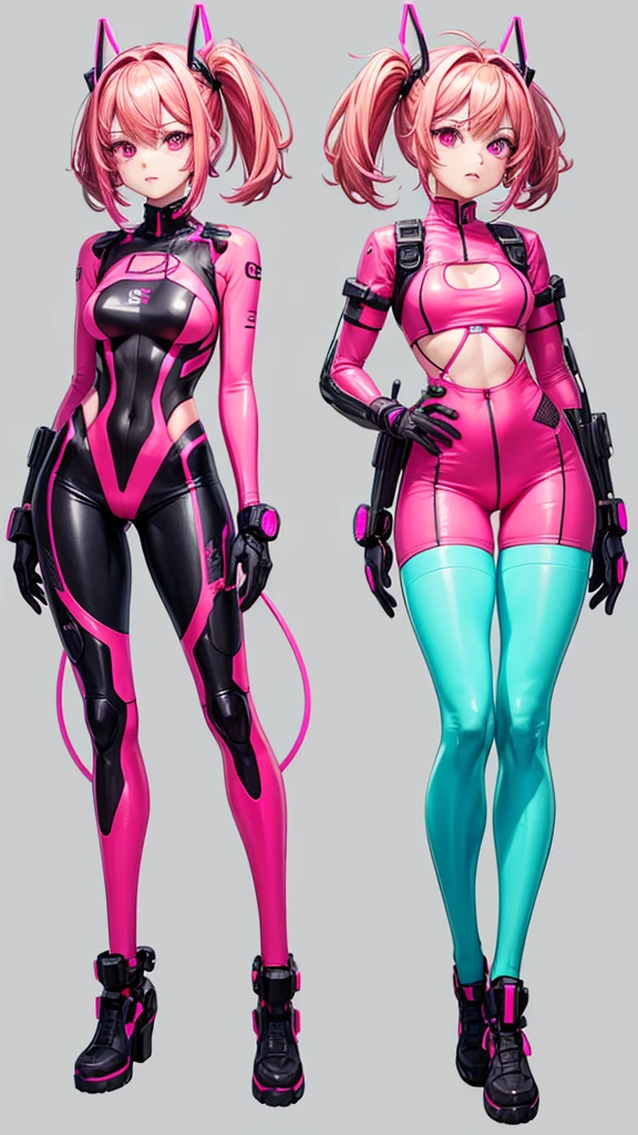 A woman in neon red and neon pink cybernetic outfit full body