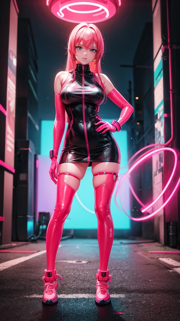 A woman in neon red and neon pink cybernetic outfit full body