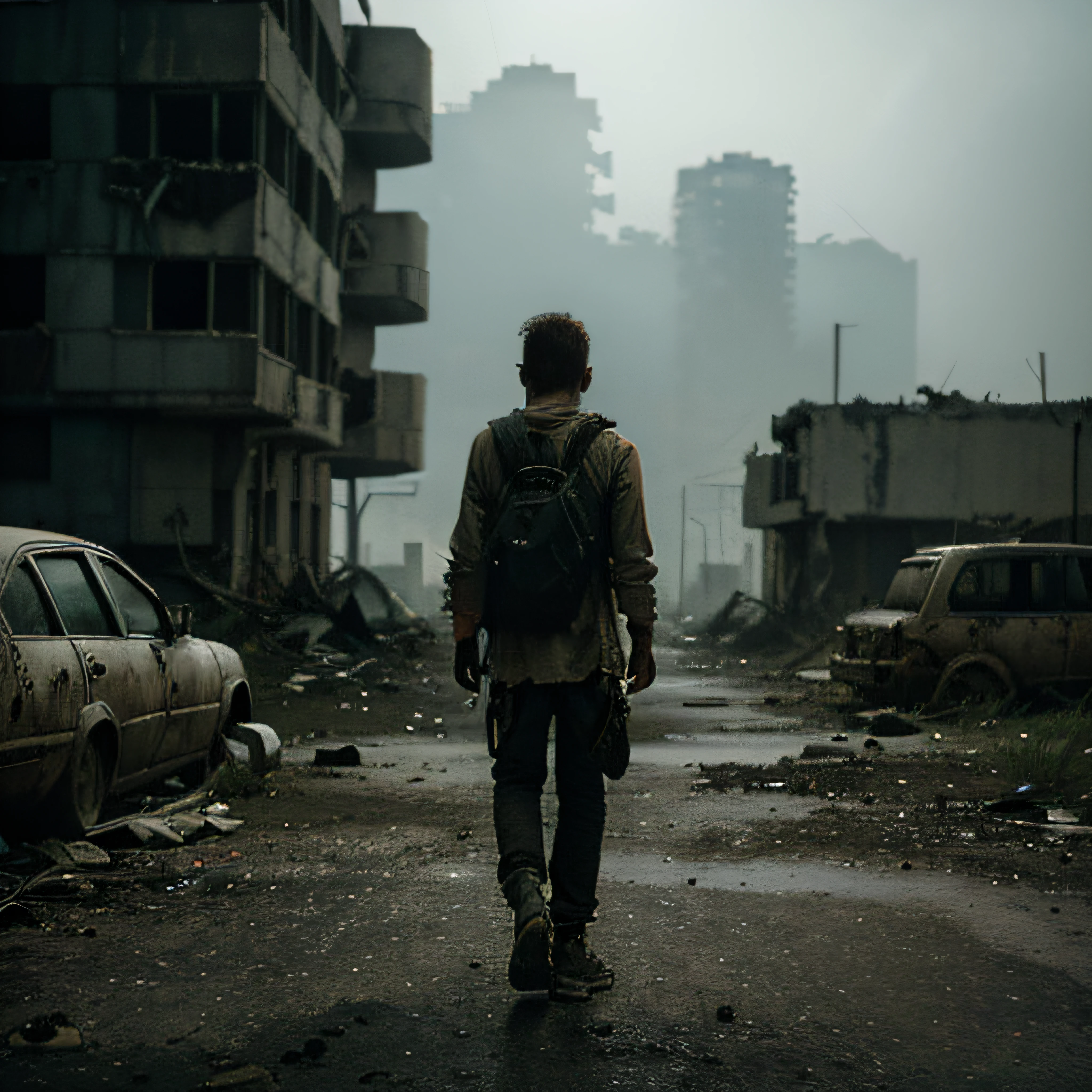 a post-apocalyptic scenario full of dead people, Decaying Buildings, desolate streets, wreckage, scattered items, abandoned vehicles, mysterious silence, toxic atmosphere, ruins, covered vegetation, infraestrutura em ruins, hauntingly beautiful landscapes, strong sun light, dust-filled air, dramatic shadows, hauntingly empty eyes, pale and lifeless skin, tattered garments, worn shoes, wandering scavengers, a feeling of despair, loneliness, the world in ruins, hopelessness, an unsettling stillness, A lone survivor, survival instincts kicking in, the fight for survival amidst chaos, the persevering human spirit, a glimmer of hope in the distance, a new beginning emerging from the darkness. (best qualityer, high resolution), Apocalyptic Art Style, desaturated colors, moody lighting.