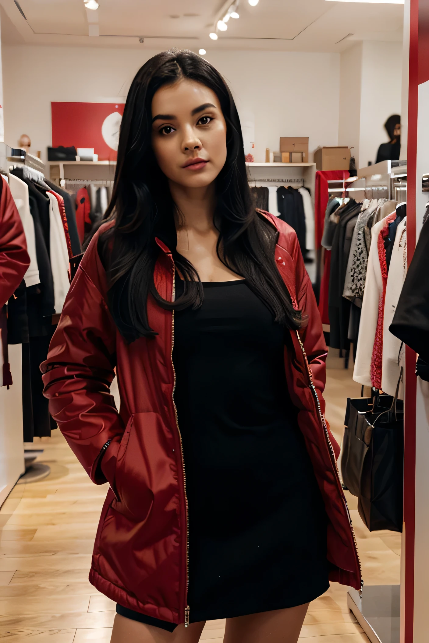 woman, black hair, red dress, with long stuffed jacket, in a fashion store, looking at the camera