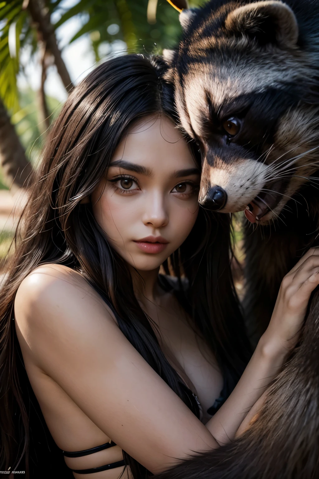 Raccoon drinks in the middle of two long-haired African men