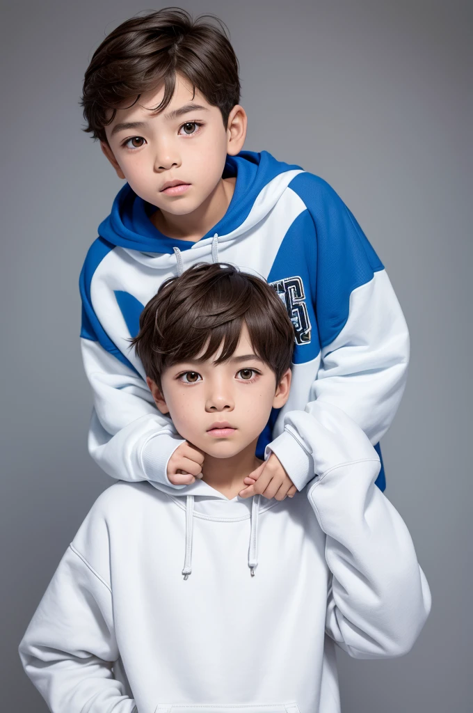 A 9-year-old boy with white skin, brown hair, brown eyes and a blue sweatshirt with a straight posture and a white background 