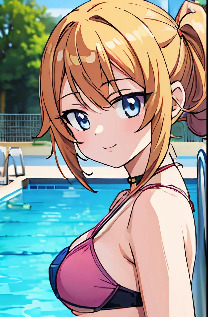 ((masterpiece)), ((best quality)), (ultra-detailed), anime style, pool, a cute girl, 1girl, solo, ((beautiful eyes)), smile, bikini00,
