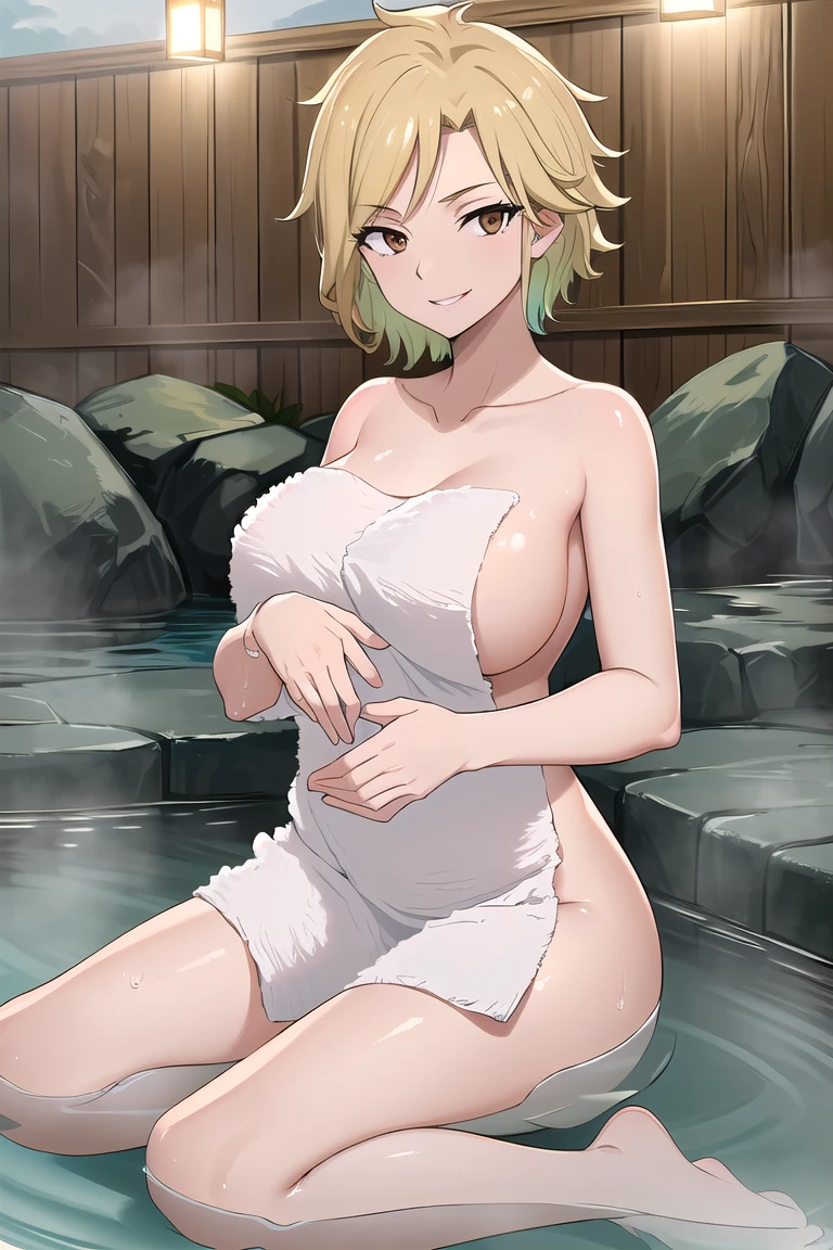 masterpiece, absurdres , (intricate details), (colorful),cinematic lighting,bust shot,extremely detailed CG unity 8k wallpaper, dimariayesta, (naked towel, seiza, nude cover:1.3), onsen, steam, (partially submerged:1.2), smile, looking at viewer, sitting, nipples,