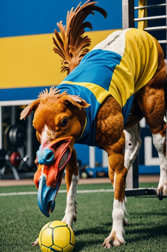 A yellow tricolor pinto rooster, blue and red athlete with a gym t-shirt