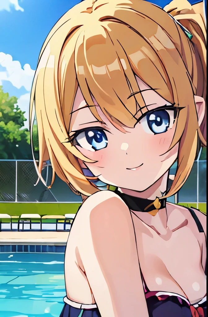 ((masterpiece)), ((best quality)), (ultra-detailed), anime style, pool, a cute girl, 1girl, solo, ((beautiful eyes)), smile, bikini00,
