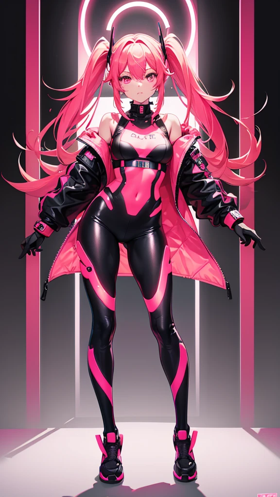 A woman in neon red and neon pink cybernetic outfit full body