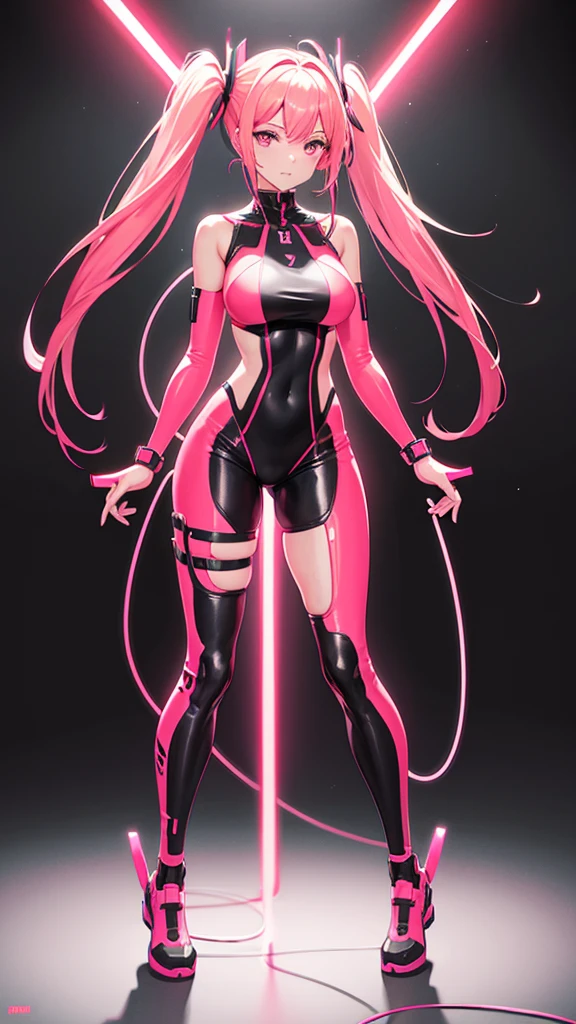 A woman in neon red and neon pink cybernetic outfit full body