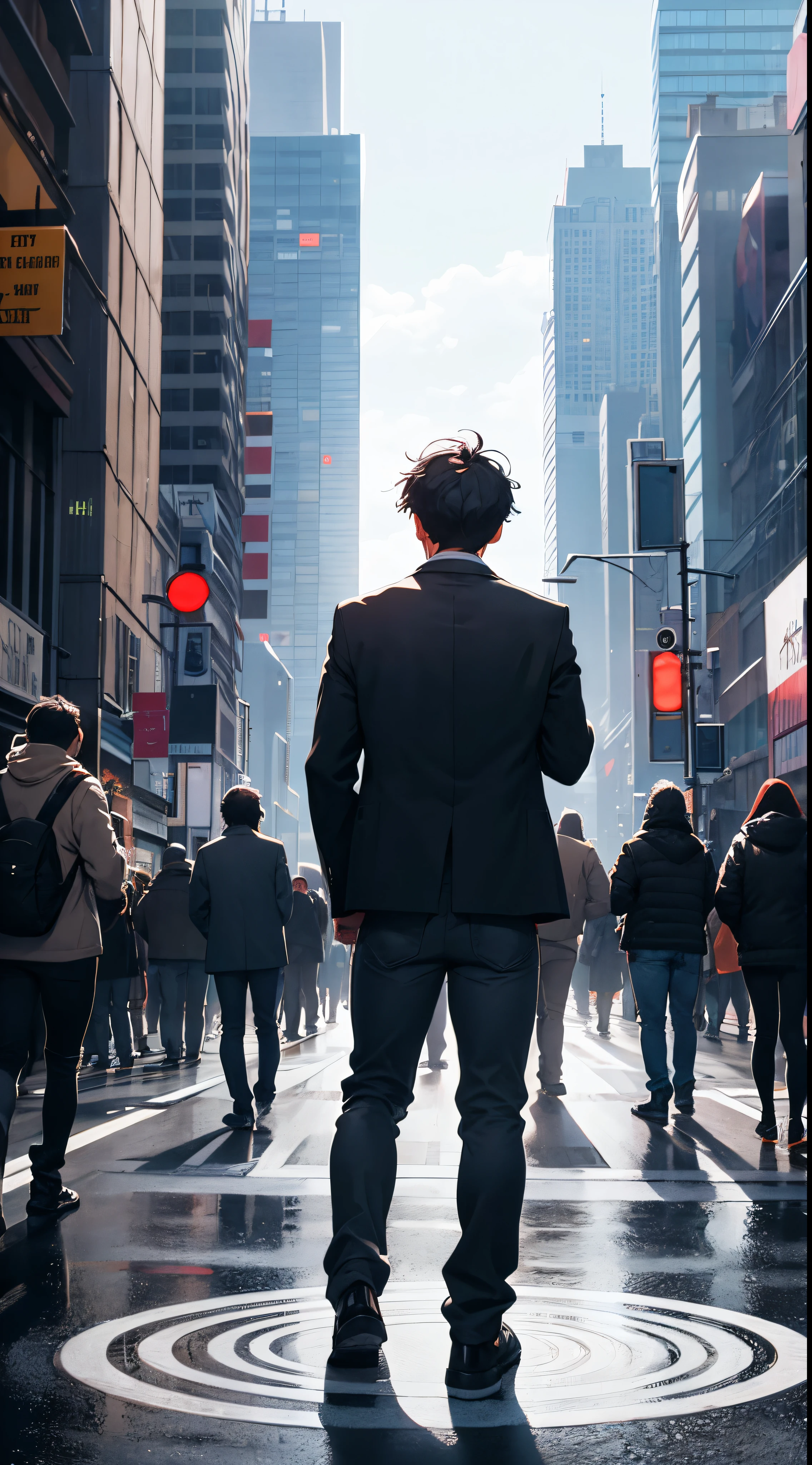 Man stressed by negative comments in a crowd of people making a circle around him, rear view standing in the middle of a city.