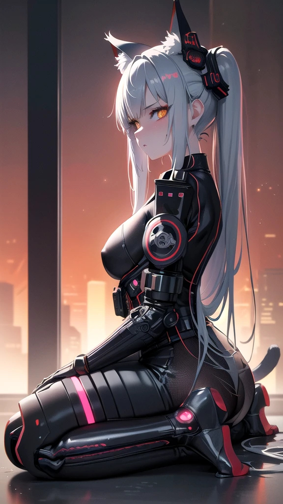 masterpiece, best quality, 1girl, spacecraft interior, spacesuit, upper body, from side, science fiction, yellow eyes, twintails, silver hair, cat ears, looking at viewer,Hyperrealistic version of a woman kneeling down with a sword in her hand, very beautiful cyberpunk samurai, anime cyberpunk art, cyberpunk samurai, cyberpunk anime art, anime cyberpunk, cgsociety 9, digital cyberpunk anime art, style of maciej kuciara.1girl, samurai armor, helmet oni evil mask,intricate, ornaments detailed, cold colors, metal, egypician detail, highly intricate details, realistic light, trending on cgsociety, glowing eyes, facing camera, neon details, ultra realistic details, portrait full body, japanese atmosphere, global illumination, shadows, octane render, 8k, ultra sharp.cool ta.