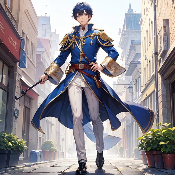 (masterpiece, best quality, detailed, Very detailed best high quality image, very detailed background, very detailed full body solo character)
{1ElfBoy: cute male, scarlet-red short hair, short elf ears purple eyes, slender male body, handsome naive appearance, beautiful male naive face, pacifist demeanor, peaceful smile
Clothing: (blue danish styled noble prince uniform with rich silver details, white noble pants, red leather shoes), 
Moment: He is walking around, holding a book with his right hand on his right hip
Scenery: viking modern street and city, with modern buildings styled of viking features}