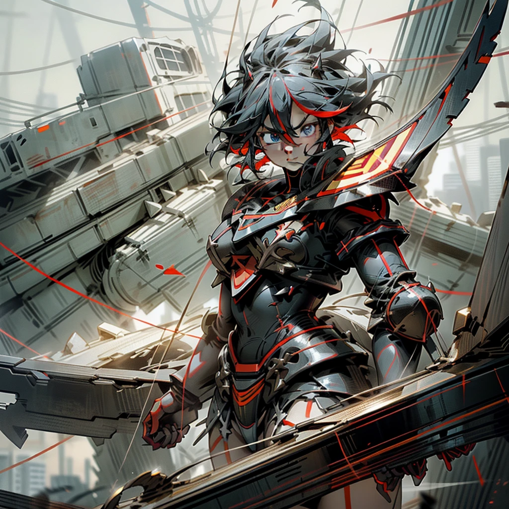 Kill La Kill_Character_Ryuuko, White and Dark Red Captain outfit with a wide and large cuirass, styled in heavy Gundam armor and Officer-style outfit (Extremely Bulky Armor), standing in large central room, city destroyed, detailed eyes, mouth, nose, artwork prima, 8k, cinematic, detailed city, detailed armor, everything detailed, sexy