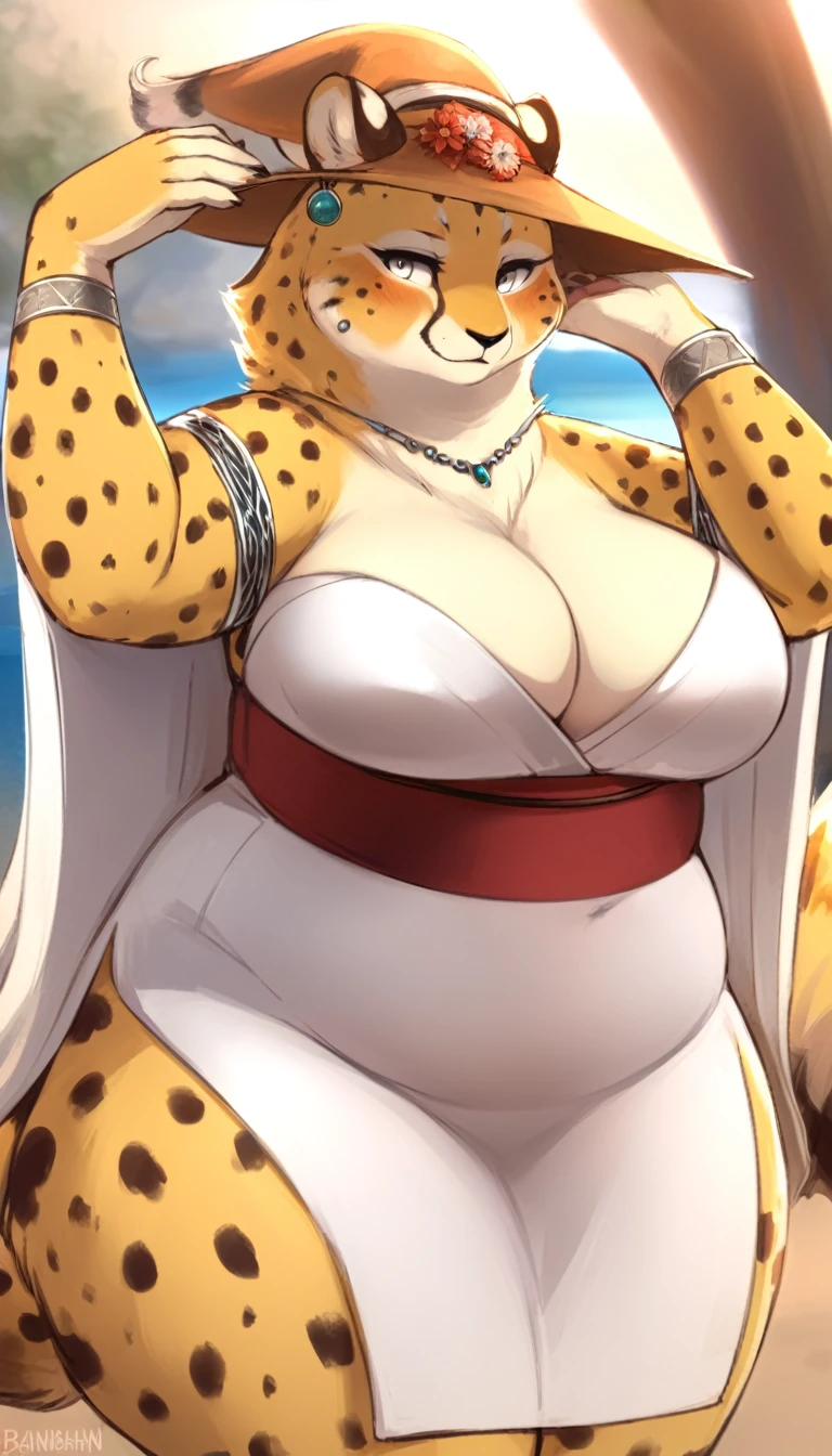 top quality, best quality, by bahnbahn, High-quality illustrations, masterpiece, shading, light)(kemono, furry anthro, alone), round, female, cheetah, (Sdorica), golden furs, fat body, wide hips, fluffy, tail, big breasts, perfect eyes, silver eyes, no hair, japanase dress, elegant hat, sea beach, body movement, looking behind, looking at viewer, Female cheetah, fat, fat belly, fat thighs, fat arms, lovehandles, big breasts, silver eyes, golden yellow fur, black cheetah markings, kimono, silver earrings, silver bracelets, silver rings, silver necklaces