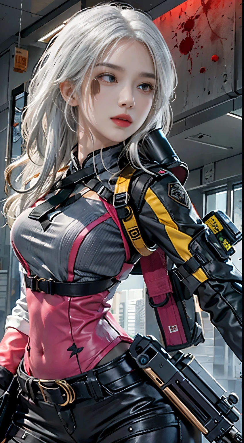 Photorealistic, high resolution, 1womanl, Solo, Hips up, view the viewer, (Detailed face), White hair, SWAT vests, Gun, jewelry, blood splashed
