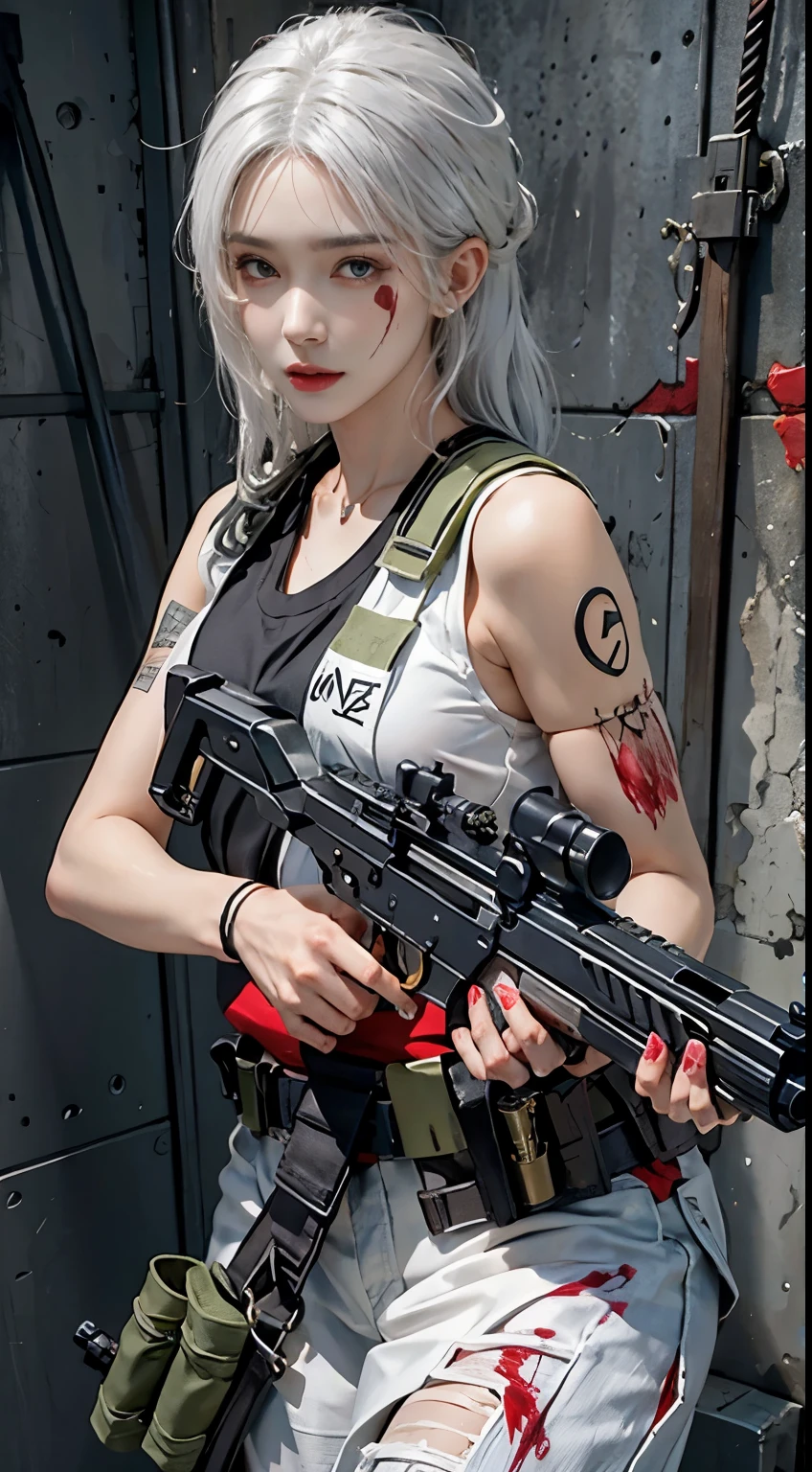 Photorealistic, high resolution, 1womanl, Solo, Hips up, view the viewer, (Detailed face), White hair, SWAT vests, Gun, jewelry, blood splashed