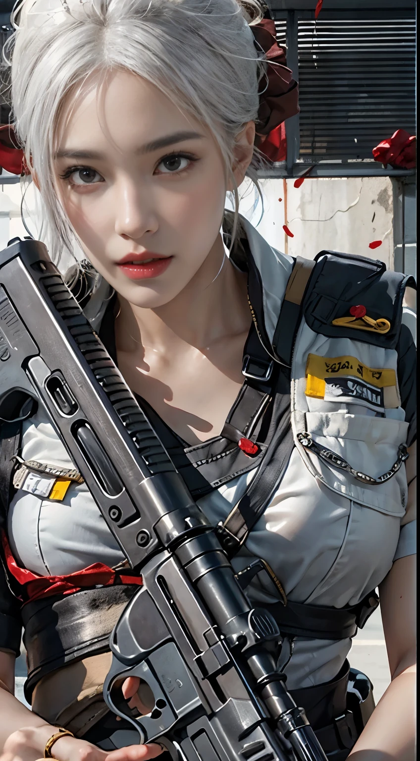 Photorealistic, high resolution, 1womanl, Solo, Hips up, view the viewer, (Detailed face), White hair, SWAT vests, Gun, jewelry, blood splashed