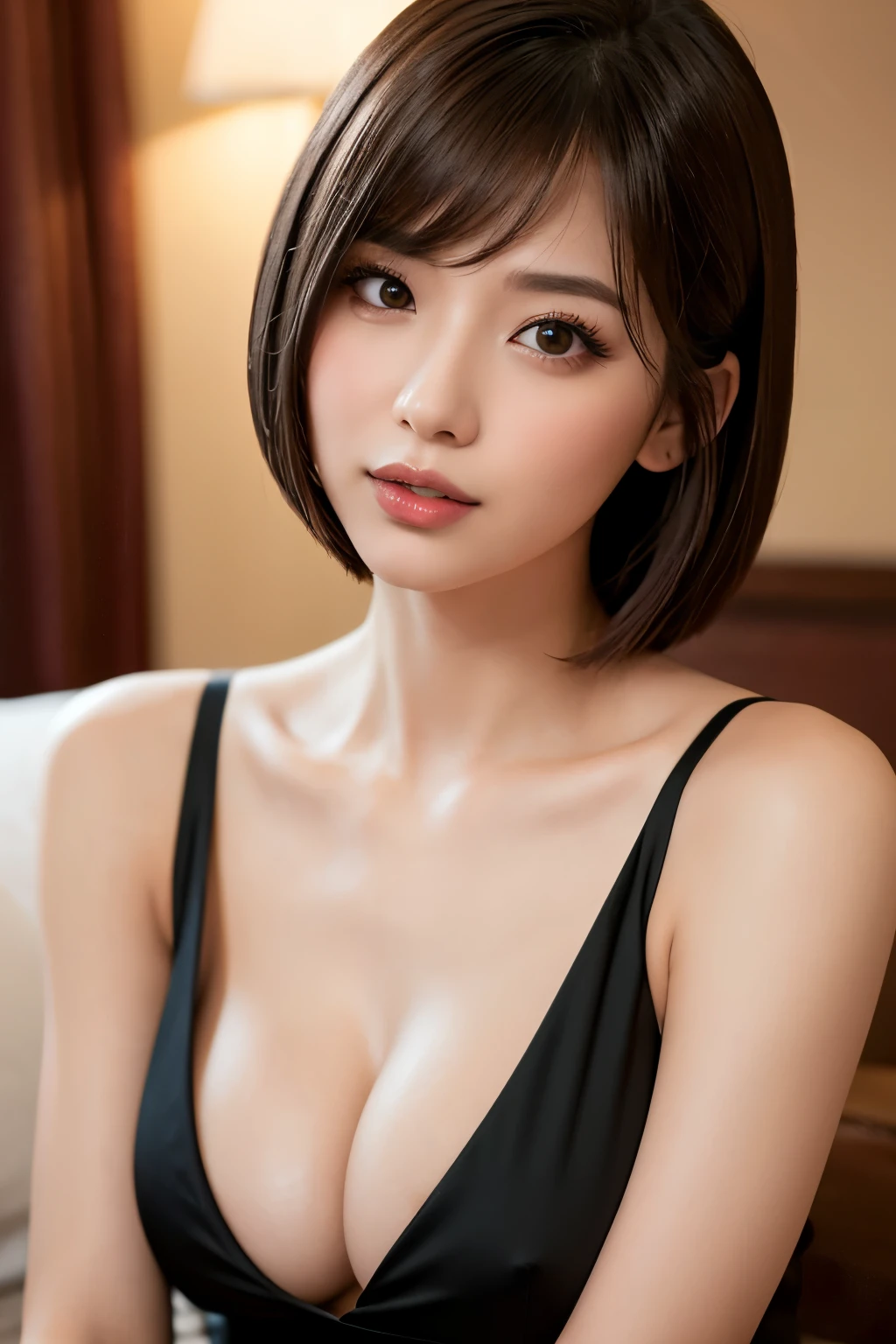 Highest quality, Tabletop, 8K, Best image quality, Award-winning works, One Girl, Sleeveless, Red eyeshadow, Perfect Makeup, Long eyelashes, Ultra-high definition sparkling eyes, Ultra HD Hair, Ultra-high resolution, glossy lips, Ultra-high resolutionの完璧な歯, Ultra HD cute face, Brown Hair, Very short straight hair, Looking at the camera, clavicle, Accurate anatomy, Luxury Love Hotel, The most atmospheric and warm lighting, Blurred Background, bangs, Ultra-high resolutionの光沢のある赤い唇, Big Breasts, Cleavage, camisole