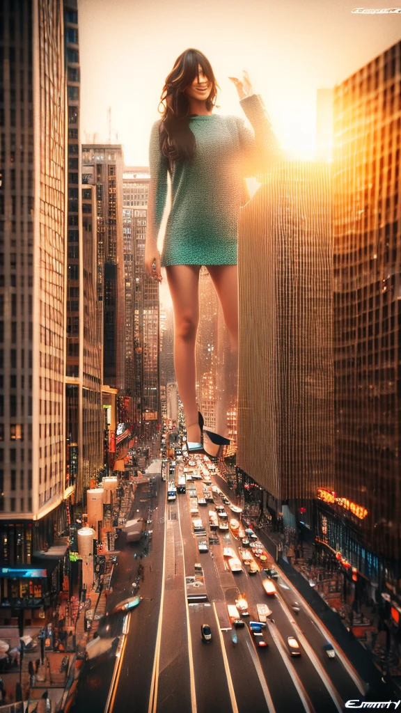 A giant woman sitting on the street playing with a cyberpunk city car, Little guys running around the giant girl, Standing on her hand, cgsociety 9, fantasy art, unreal engine render + a female spirit, whole body cgsociety, artgerm ; Surreal content, giant art, super detailed matte paintings, super detailed matte paintings, realistic fantasy art, realistic style. Beautiful girl.movie, Big thighs."Small people standing on the roof of a tall building waving to the girl."Wearing short skirts.Jennifer Lawrence.