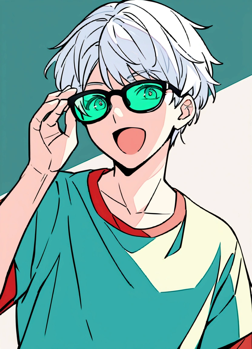 Create an anime-style illustration of a teenage boy. The boy should have a happy expression with an open mouth, similar to the girl in the reference image. He should have short, white hair with a darker underlayer. The boy should wear glasses with green-tinted lenses and a casual t-shirt with red sleeves. The background should be a simple, monochromatic teal with minimal line art details. The overall color palette should be consistent with the reference image, maintaining a light, pastel aesthetic."