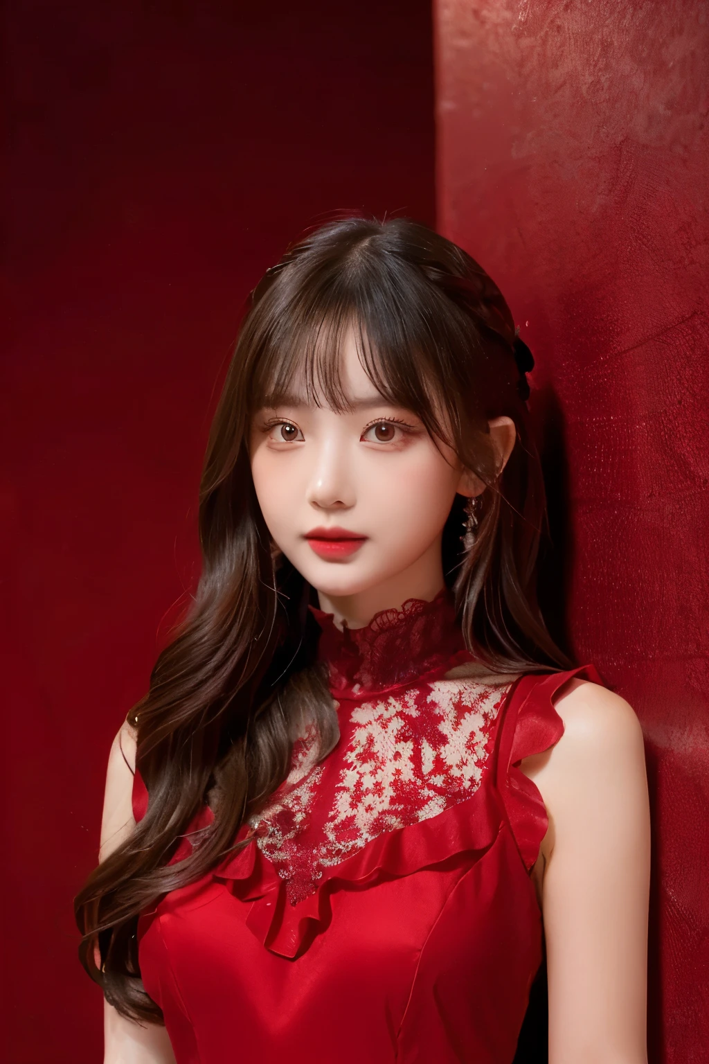 Young woman standing in front of crimson background、She is wearing a gorgeous red dress。The dress is decorated with lace and frills..、It is a design that exposes the shoulders..。female'Long hair is soft waves、Her head is decorated with a red flower hair accessory...。She is wearing fancy gold earrings in her ears.。
female'The expression is full of confidence.、Characteristically slightly sad eyes.。The details of the dress are luxurious.、The flower decoration on the chest is especially eye-catching...。There are butterflies flying in the background.、Creates a fantastic and romantic atmosphere..。
overall、Feminine beauty and passionate red color stand out...、Gives a dramatic and elegant feel。