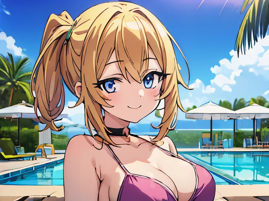 ((masterpiece)), ((best quality)), (ultra-detailed), anime style, pool, a cute girl, 1girl, solo, ((beautiful eyes)), smile, bikini00,