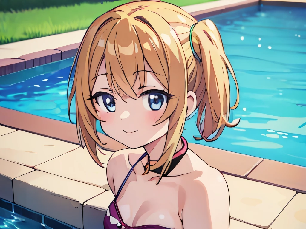 ((masterpiece)), ((best quality)), (ultra-detailed), anime style, pool, a cute girl, 1girl, solo, ((beautiful eyes)), smile, bikini00,