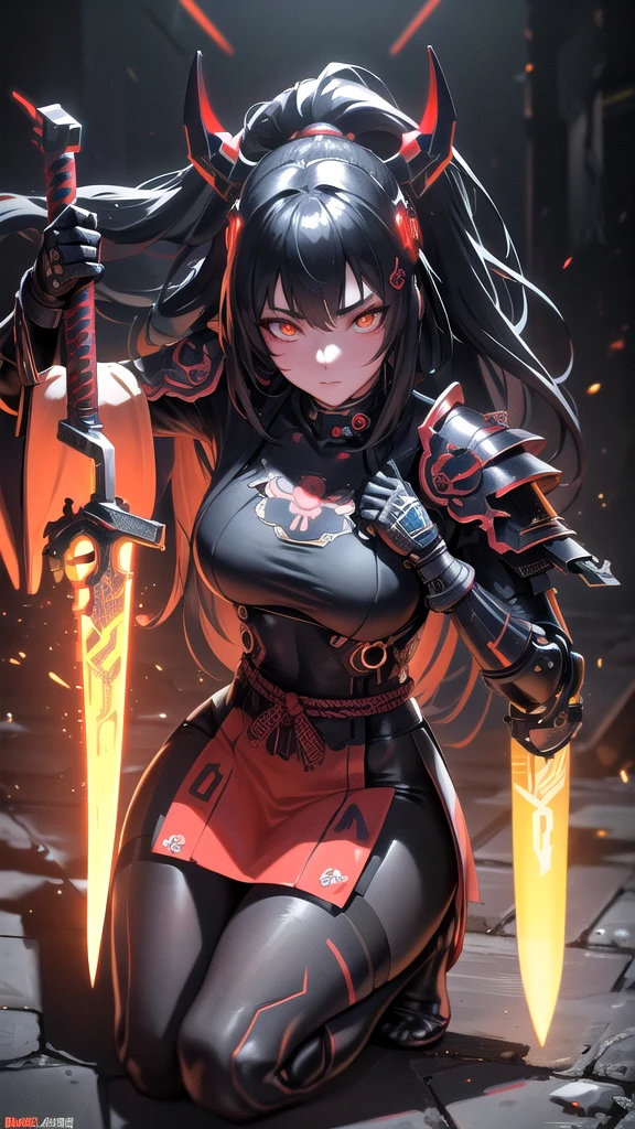 Hyperrealistic version of a woman kneeling down with a sword in her hand, very beautiful cyberpunk samurai, anime cyberpunk art, cyberpunk samurai, cyberpunk anime art, anime cyberpunk, cgsociety 9, digital cyberpunk anime art, style of maciej kuciara.1girl, samurai armor, helmet oni evil mask,intricate, ornaments detailed, cold colors, metal, egypician detail, highly intricate details, realistic light, trending on cgsociety, glowing eyes, facing camera, neon details, ultra realistic details, portrait full body, japanese atmosphere, global illumination, shadows, octane render, 8k, ultra sharp.cool lolita.
