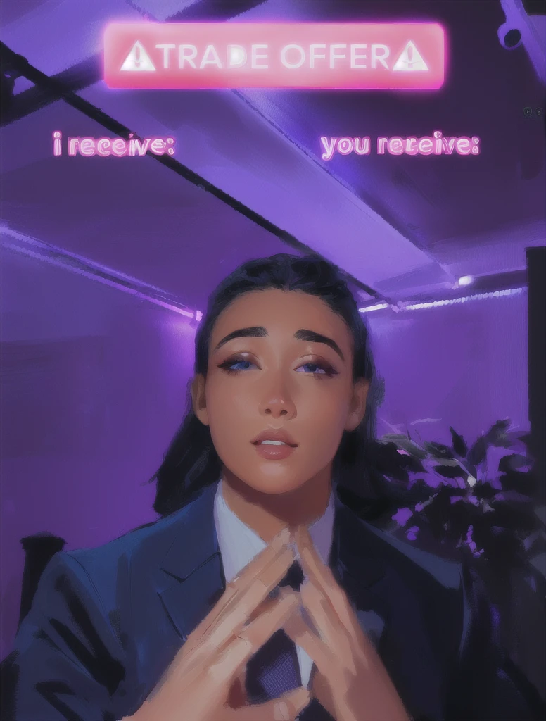 there is a woman in a suit and tie making a face, blacklight reacting, twitch streamer, very very low quality picture, his palms are sweaty, looking into camera, plump lips