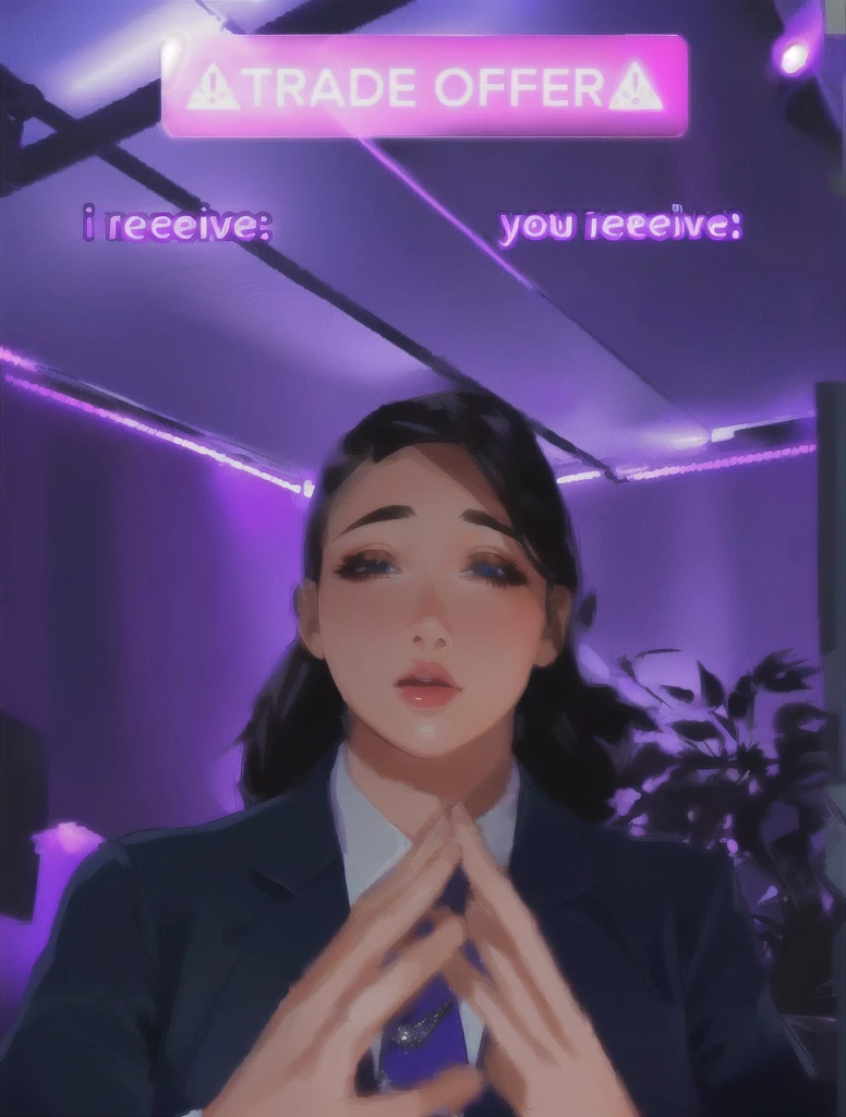 there is a woman in a suit and tie making a face, blacklight reacting, twitch streamer, very very low quality picture, his palms are sweaty, looking into camera, plump lips