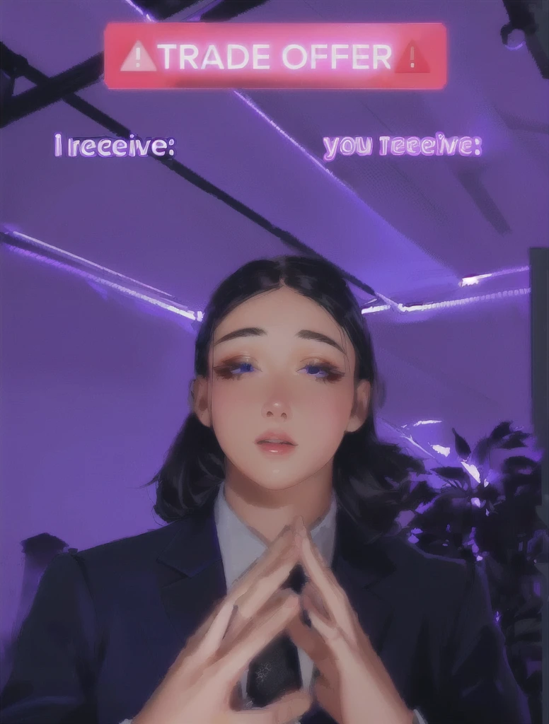 there is a woman in a suit and tie making a face, blacklight reacting, twitch streamer, very very low quality picture, his palms are sweaty, looking into camera, plump lips