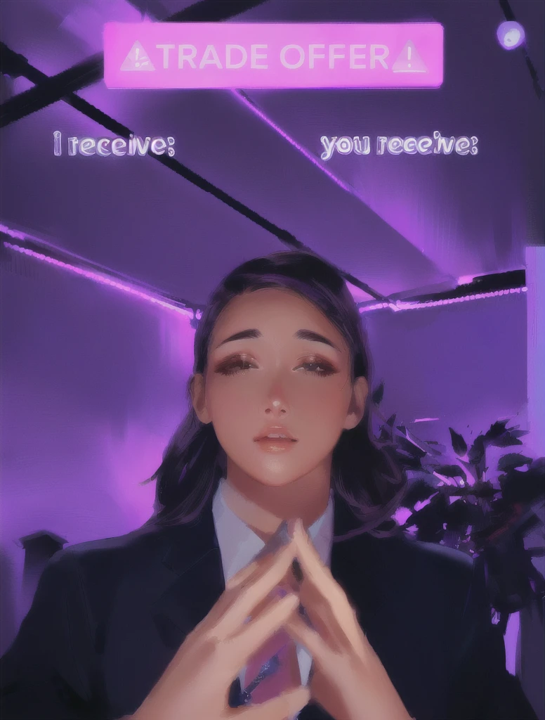 there is a woman in a suit and tie making a face, blacklight reacting, twitch streamer, very very low quality picture, his palms are sweaty, looking into camera, plump lips