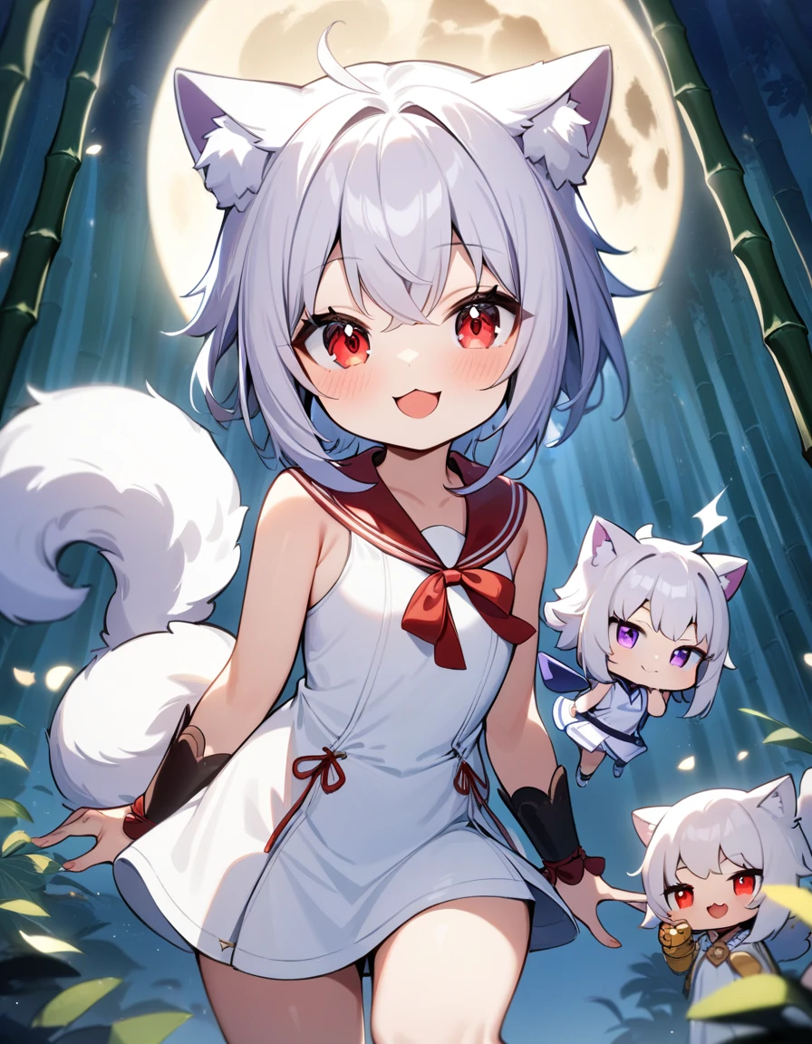 1girl, original character, Chibi character, nekomata, girl, around 10 years old, red eyes, mischievous smile, white one piece dress, red ribbon, fluffy tail, full moon, bamboo forest, night, fantastic, masterpiece, best quality, very aesthetic, absurdres