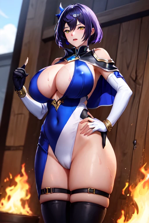 ((best quality)), ((masterpiece)), (detailed), perfect face, young adult girl 16 year old, green hair, white eyes, single thighhigh, thigh strap, long sleeves, clothing cutout, capelet, gloves, looking at viewer, hand on hip, mature female,gigantic breasts,big asa,white skin, jewelry, wet tight suit amor dress,blue red and black dress,black and blue armor,8k, super detail, ccurate,half naked,Bare shoulder,holding the dark magic spear ,whole body wet,Gold bracelet on leg,thunder magic, yellow and white flaming eye, blue aura,wet body,white milk on breasts,open hip,tight,show breasts,The suit is tight to every corner of the body