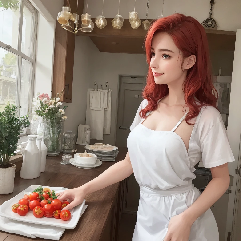 (masterpiece, Best quality, A high resolution, A high resolution:1.2), extremely detailed, realistic, complex parts, portrait at the table, Shot at eye level, Naomi, beautiful 27 year old European, European with natural breasts, in a white T-shirt , green apron apron , curly red hair, in cooking, cooking in the kitchen , From Side, smiling. (holding a large glass jar with tomatoes). Correct hands and fingers