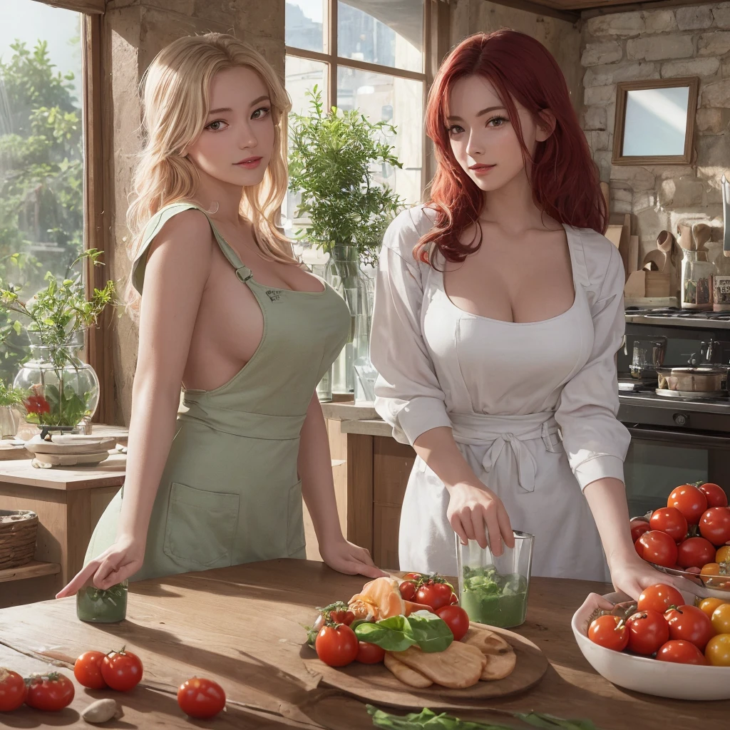 (masterpiece, Best quality, A high resolution, A high resolution:1.2), extremely detailed, realistic, complex parts, portrait at the table, Shot at eye level, Naomi, beautiful 27 year old European, European with natural , in a white T-shirt , green apron apron , curly red hair, in cooking, cooking in the kitchen , From Side, smiling. (holding a large glass jar with tomatoes). Correct hands and fingers