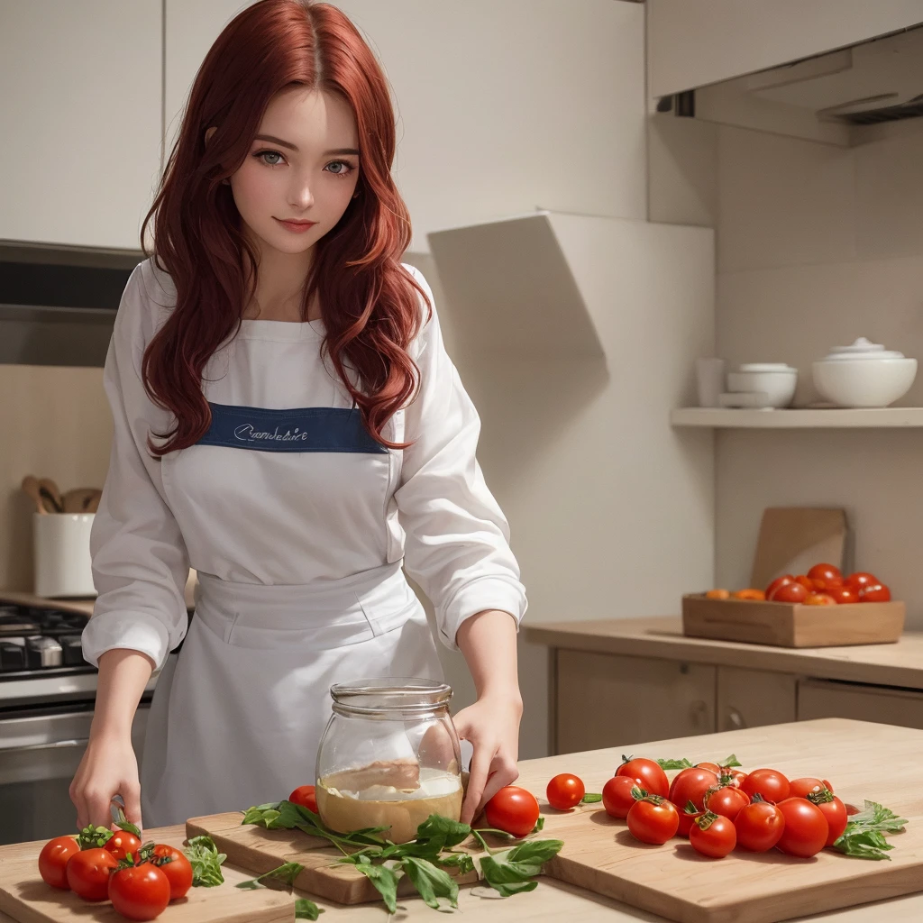 (masterpiece, Best quality, A high resolution, A high resolution:1.2), extremely detailed, realistic, complex parts, portrait at the table, Shot at eye level, Naomi, beautiful 27 year old European, European with natural breasts, in a white T-shirt , green apron apron , curly red hair, in cooking, cooking in the kitchen , From Side, smiling. (holding a large glass jar with tomatoes). Correct hands and fingers